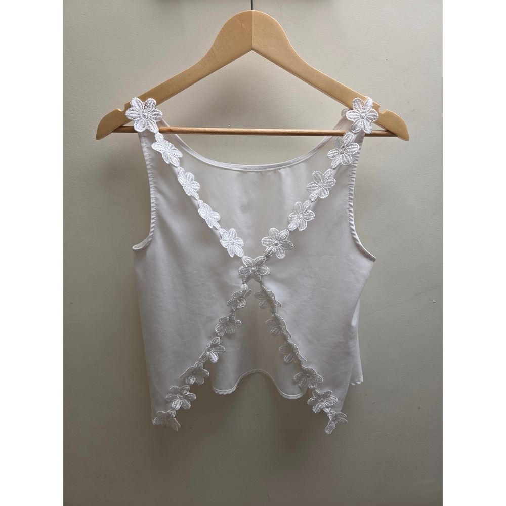 White Floral Lace Criss Cross Open Back Crop Top Boho Sleeveless Rayon Large